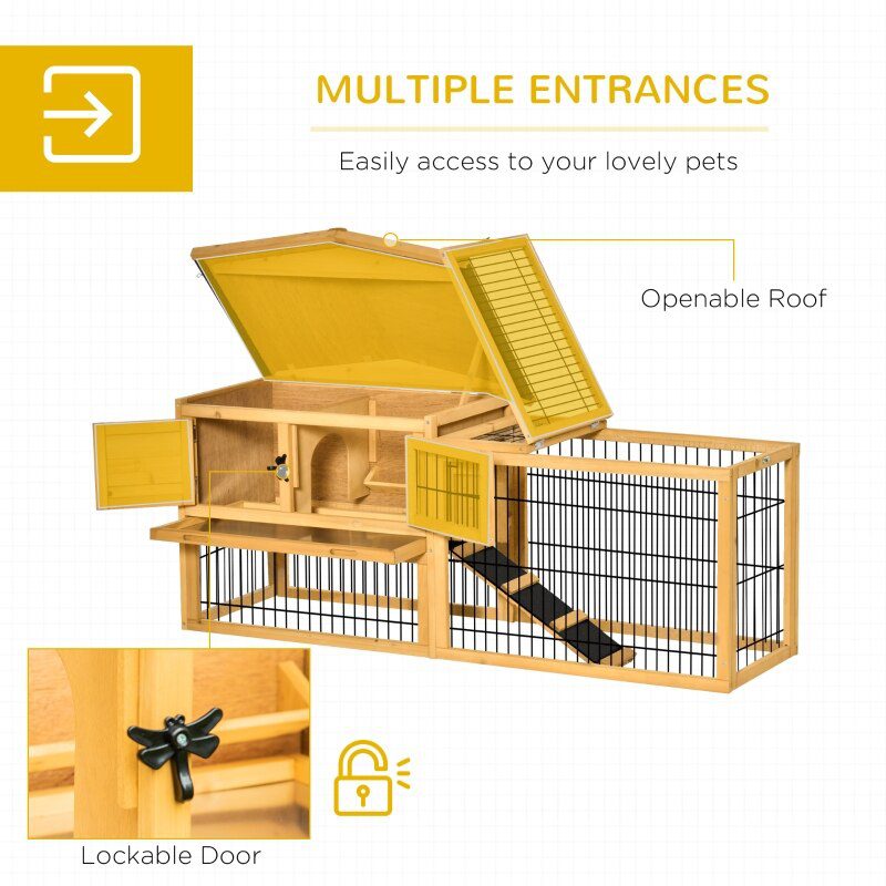 Solid Wood Rabbit Hutch with 2 House Levels and Patio Space 59" L x 20.75" W x 26.75" H