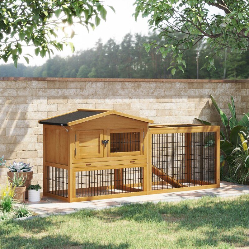 Solid Wood Rabbit Hutch with 2 House Levels and Patio Space 59" L x 20.75" W x 26.75" H