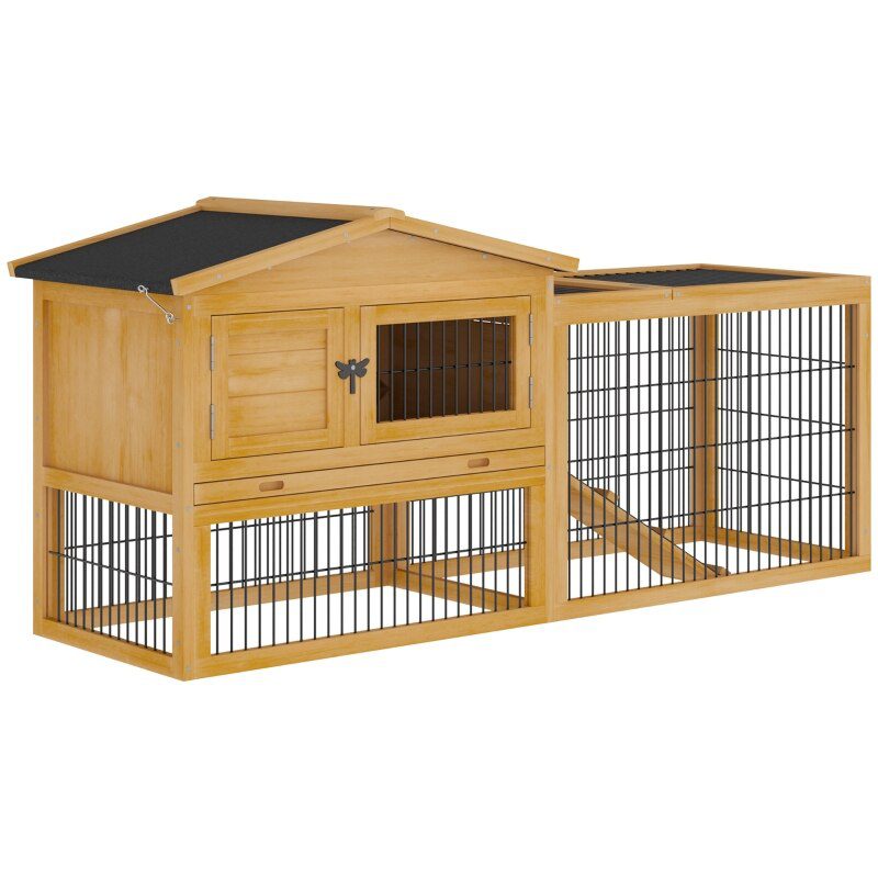 Solid Wood Rabbit Hutch with 2 House Levels and Patio Space 59" L x 20.75" W x 26.75" H