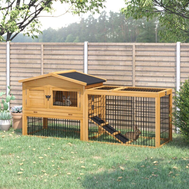 Solid Wood Rabbit Hutch with 2 House Levels and Patio Space 59" L x 20.75" W x 26.75" H