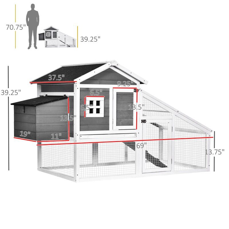 69" Chicken Coop Wooden Backyard Poultry Hen Cage, Rabbit Hutch Pen,  Removable Tray Asphalt Roof,  and Safe Lockable Door