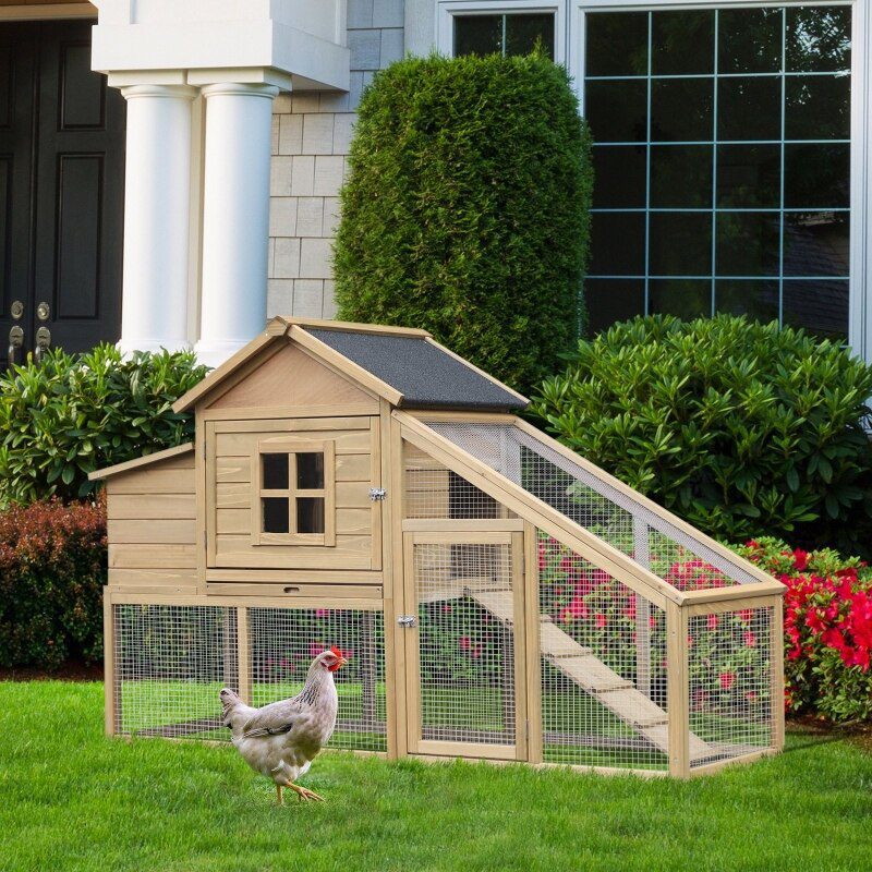 69" Wooden Chicken Coop, Poultry Cage Hen House with Connecting Ramp, Removable Tray, Ventilated Window and Nesting Box, Natural