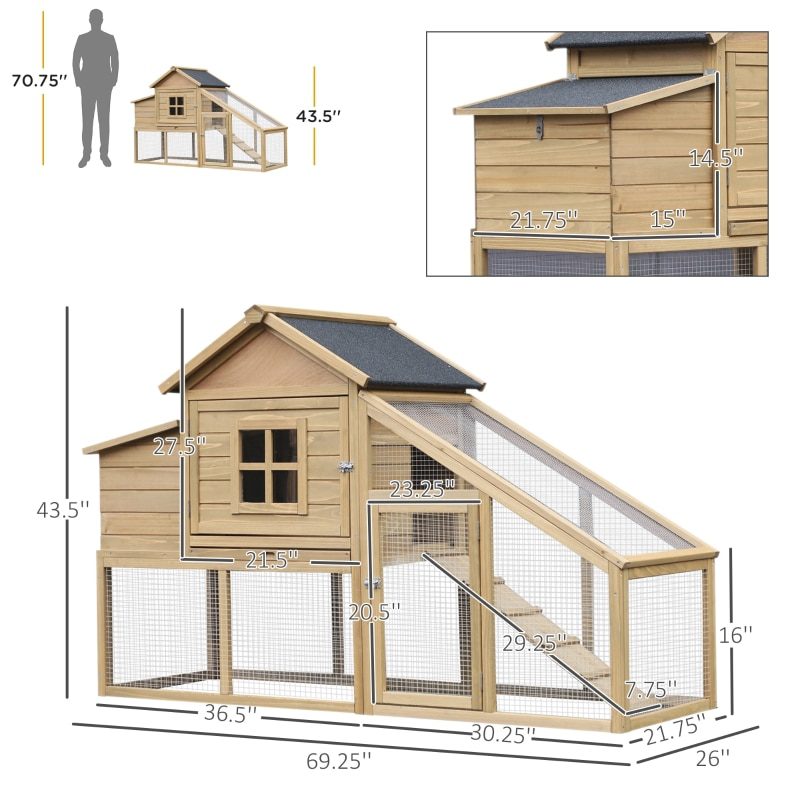 69" Wooden Chicken Coop, Poultry Cage Hen House with Connecting Ramp, Removable Tray, Ventilated Window and Nesting Box, Natural