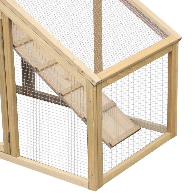 69" Wooden Chicken Coop, Poultry Cage Hen House with Connecting Ramp, Removable Tray, Ventilated Window and Nesting Box, Natural