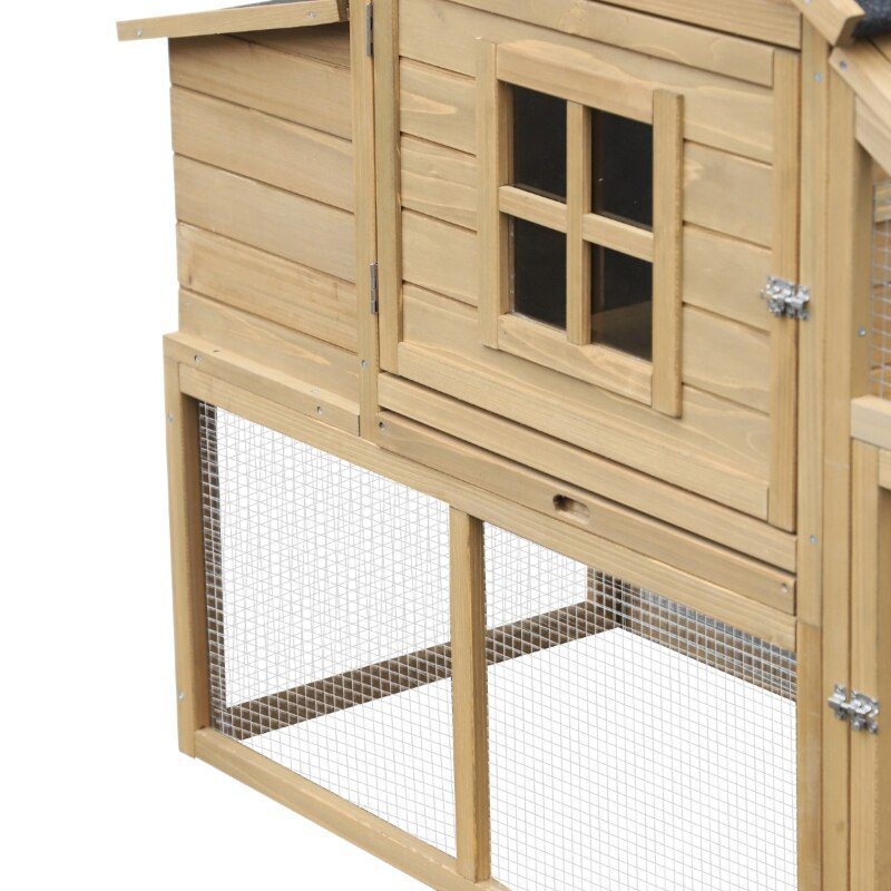 69" Wooden Chicken Coop, Poultry Cage Hen House with Connecting Ramp, Removable Tray, Ventilated Window and Nesting Box, Natural