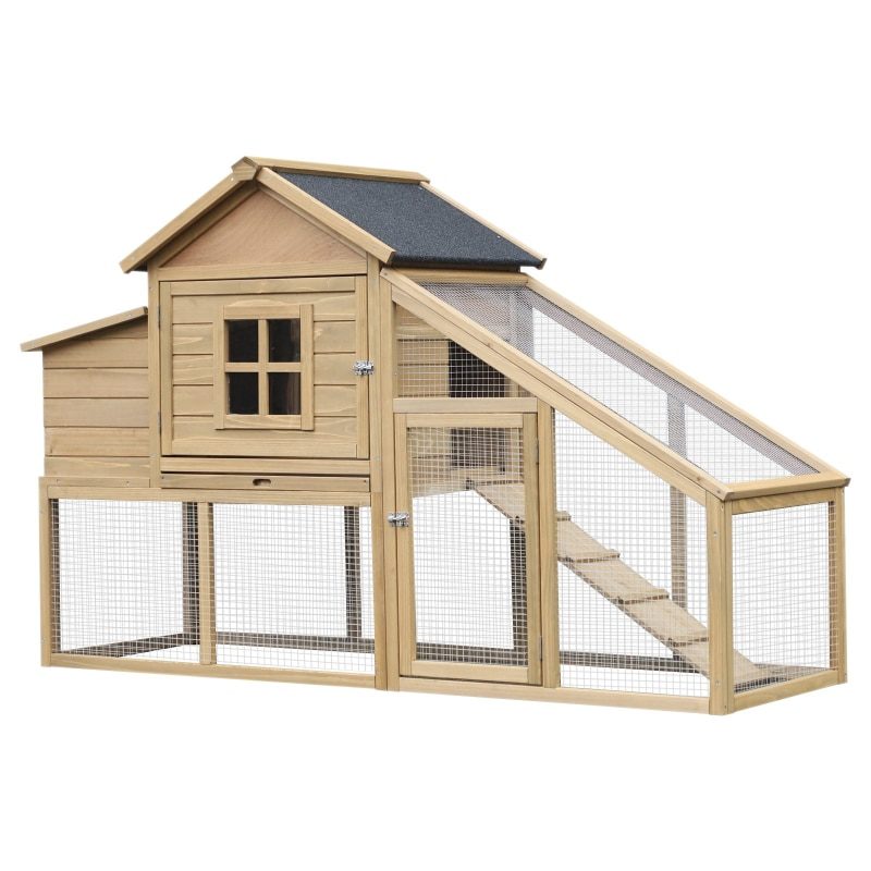 69" Wooden Chicken Coop, Poultry Cage Hen House with Connecting Ramp, Removable Tray, Ventilated Window and Nesting Box, Natural