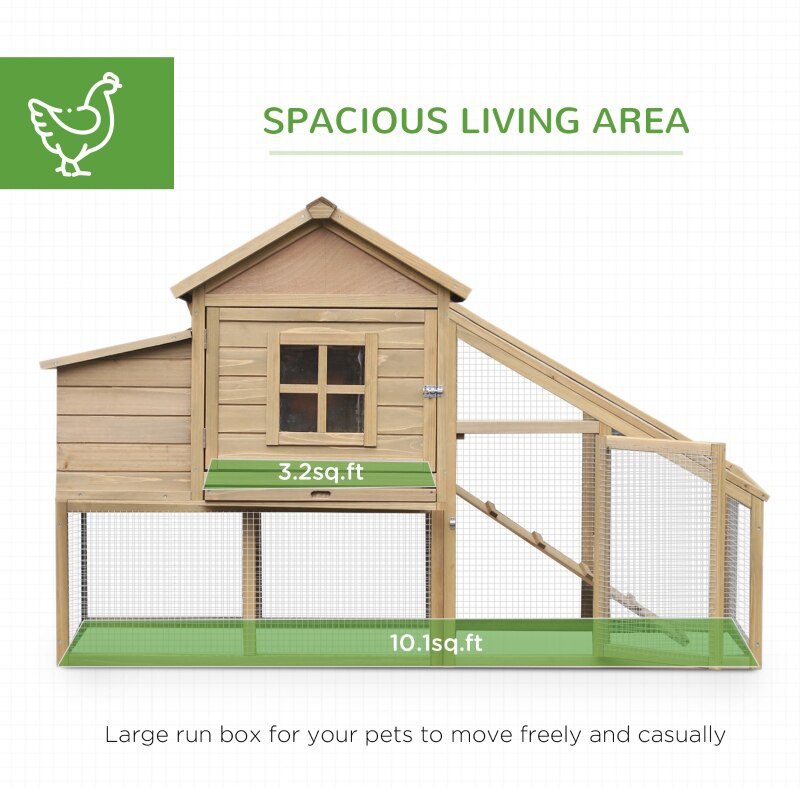 69" Wooden Chicken Coop, Poultry Cage Hen House with Connecting Ramp, Removable Tray, Ventilated Window and Nesting Box, Natural