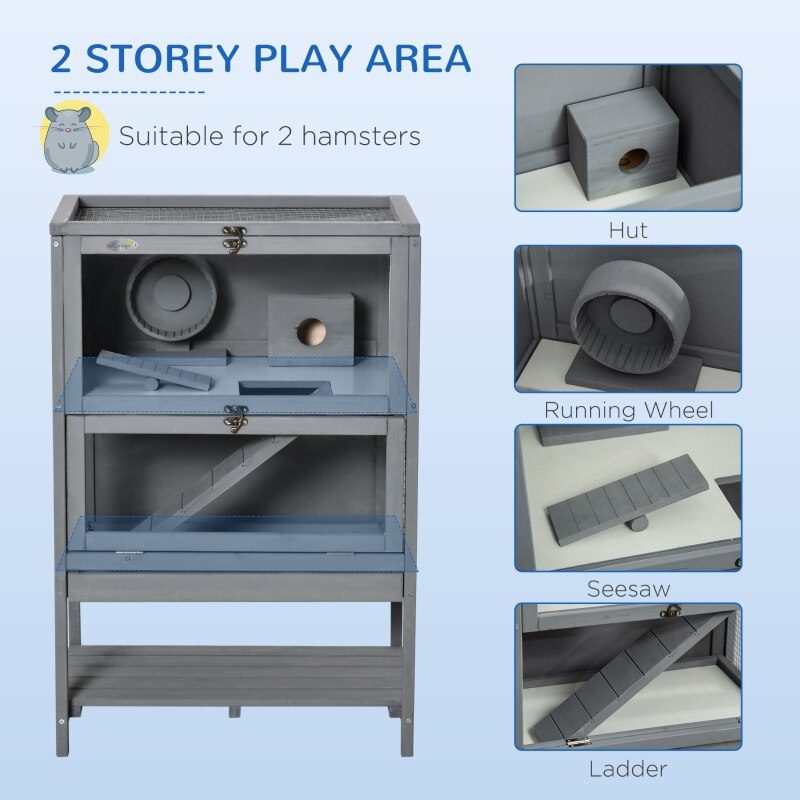 Grey Wooden Hamster Cage, 2-Tier Small Animals Hutch, w/ Storage Shelf, Tray, 23.5"L x 15.75"W x 35.5"H