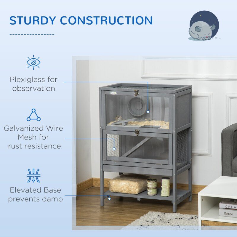 Grey Wooden Hamster Cage, 2-Tier Small Animals Hutch, w/ Storage Shelf, Tray, 23.5"L x 15.75"W x 35.5"H