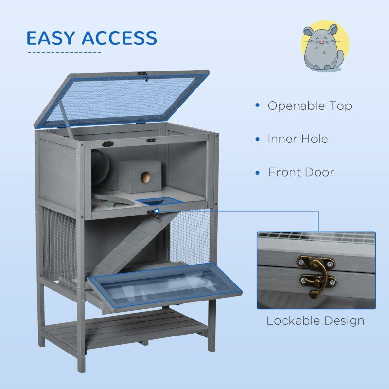 Grey Wooden Hamster Cage, 2-Tier Small Animals Hutch, w/ Storage Shelf, Tray, 23.5"L x 15.75"W x 35.5"H