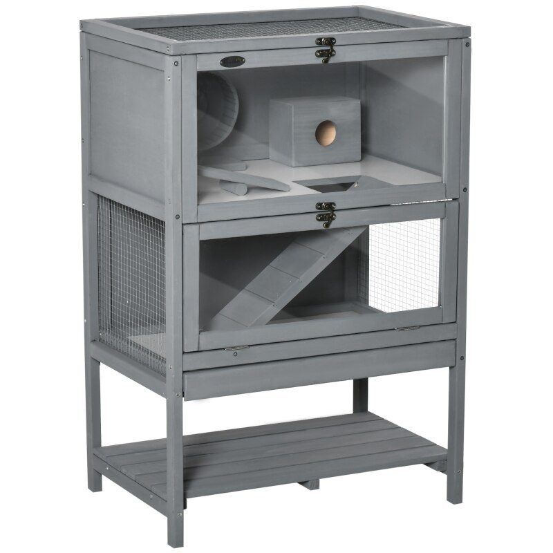 Grey Wooden Hamster Cage, 2-Tier Small Animals Hutch, w/ Storage Shelf, Tray, 23.5"L x 15.75"W x 35.5"H