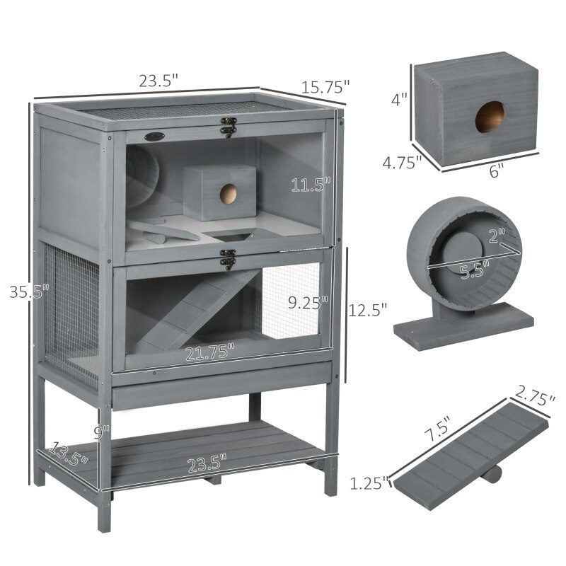 Grey Wooden Hamster Cage, 2-Tier Small Animals Hutch, w/ Storage Shelf, Tray, 23.5"L x 15.75"W x 35.5"H