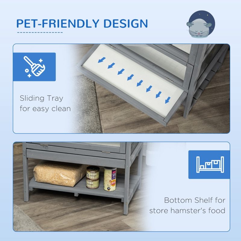 Grey Wooden Hamster Cage, 2-Tier Small Animals Hutch, w/ Storage Shelf, Tray, 23.5"L x 15.75"W x 35.5"H