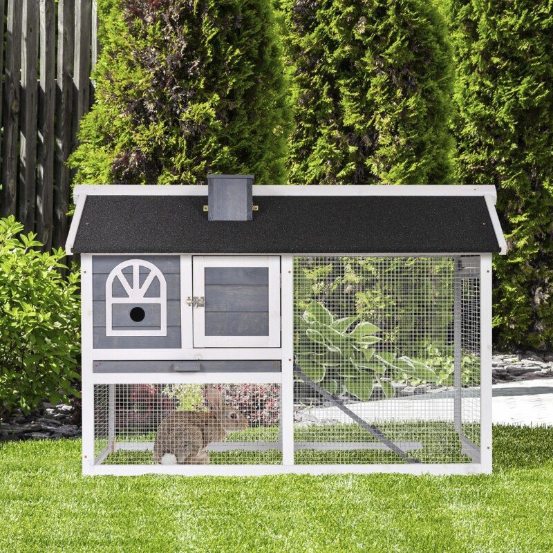 Wooden Bunny Hutch w/ Lockable Mesh Door Window for Guinea Pigs & Chinchillas 47.25" L x 23.5" W x 31" H