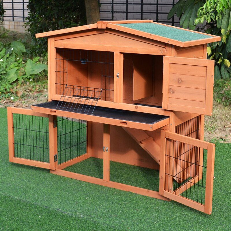 2 Tier Rabbit Hutch Guinea Pig Hutch Ferret Cage with Ramp Slide Out Tray for Indoor Outdoor 39.6"L x 21.7"W x 39.8"H