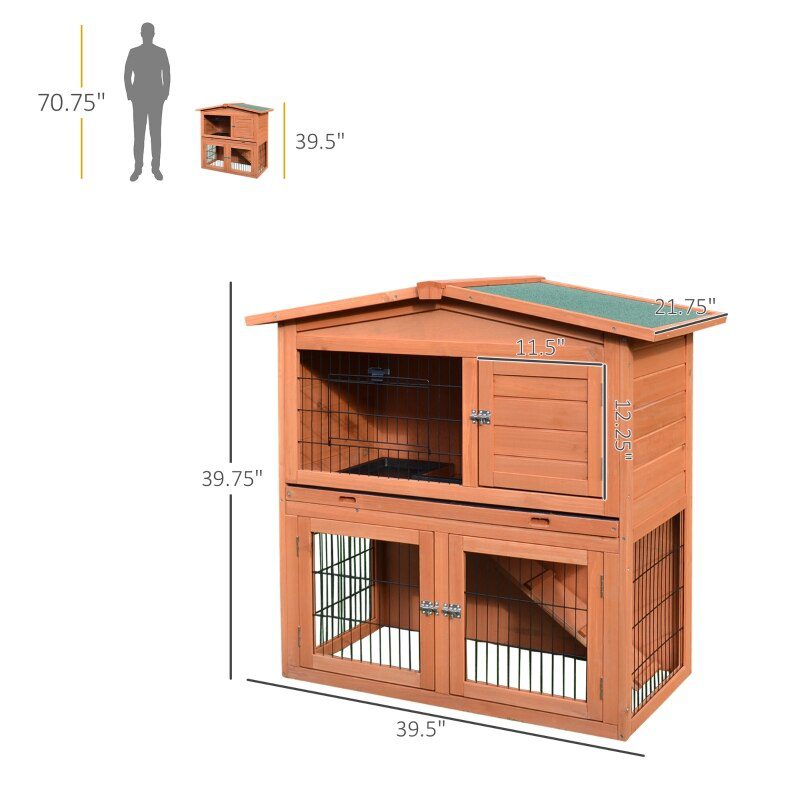 2 Tier Rabbit Hutch Guinea Pig Hutch Ferret Cage with Ramp Slide Out Tray for Indoor Outdoor 39.6"L x 21.7"W x 39.8"H