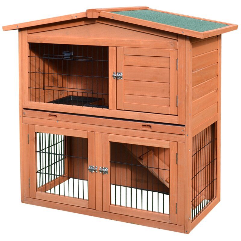 2 Tier Rabbit Hutch Guinea Pig Hutch Ferret Cage with Ramp Slide Out Tray for Indoor Outdoor 39.6"L x 21.7"W x 39.8"H