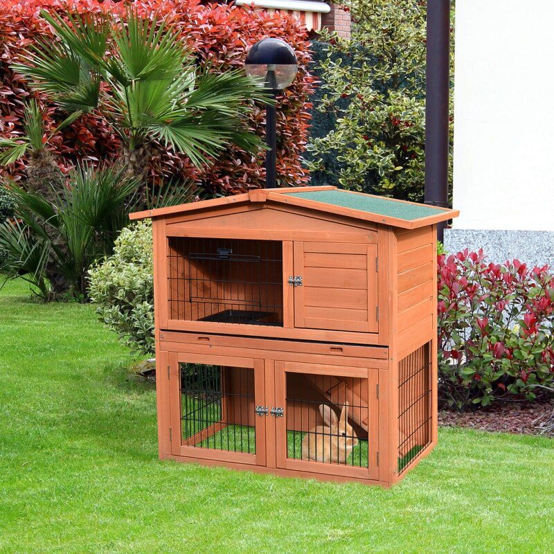 2 Tier Rabbit Hutch Guinea Pig Hutch Ferret Cage with Ramp Slide Out Tray for Indoor Outdoor 39.6"L x 21.7"W x 39.8"H