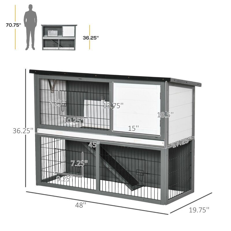 48'' Wooden Rabbit Hutch - Water Resistant Pet House 4 Doors w/ Ramp 2-tier Wooden Rabbit Hutch