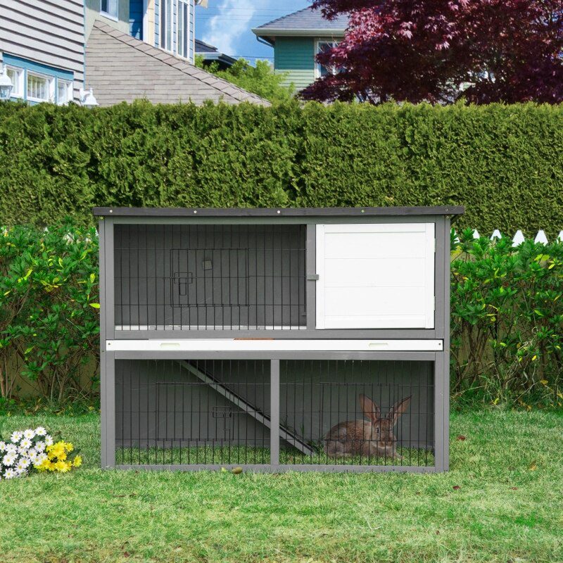 48'' Wooden Rabbit Hutch - Water Resistant Pet House 4 Doors w/ Ramp 2-tier Wooden Rabbit Hutch