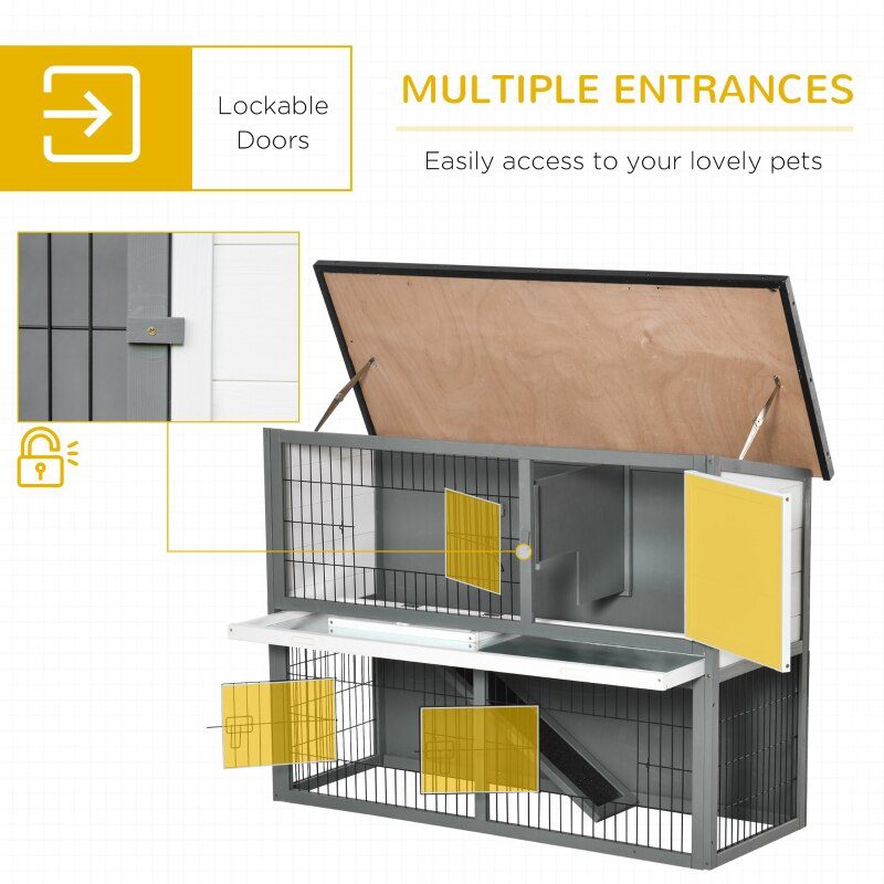 48'' Wooden Rabbit Hutch - Water Resistant Pet House 4 Doors w/ Ramp 2-tier Wooden Rabbit Hutch