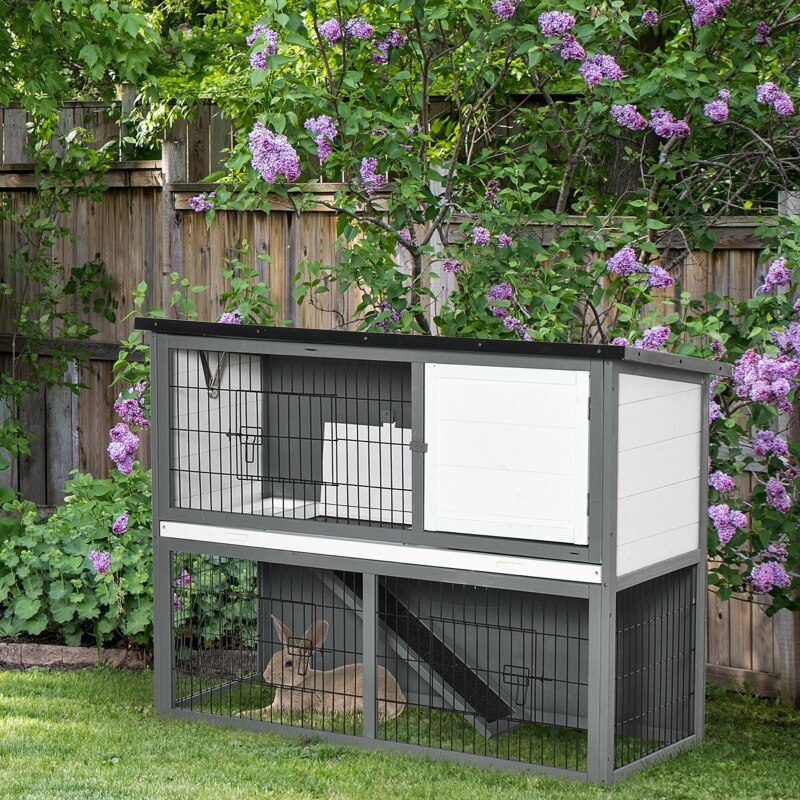 48'' Wooden Rabbit Hutch - Water Resistant Pet House 4 Doors w/ Ramp 2-tier Wooden Rabbit Hutch