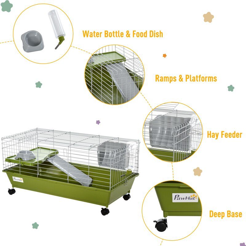 35" Small Animal Cage Chinchilla Guinea Pig Hutch Pet House with Platform Ramp, Food Dish, Wheels, & Water Bottle