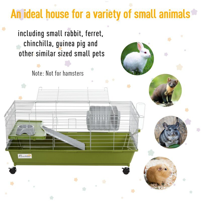 35" Small Animal Cage Chinchilla Guinea Pig Hutch Pet House with Platform Ramp, Food Dish, Wheels, & Water Bottle