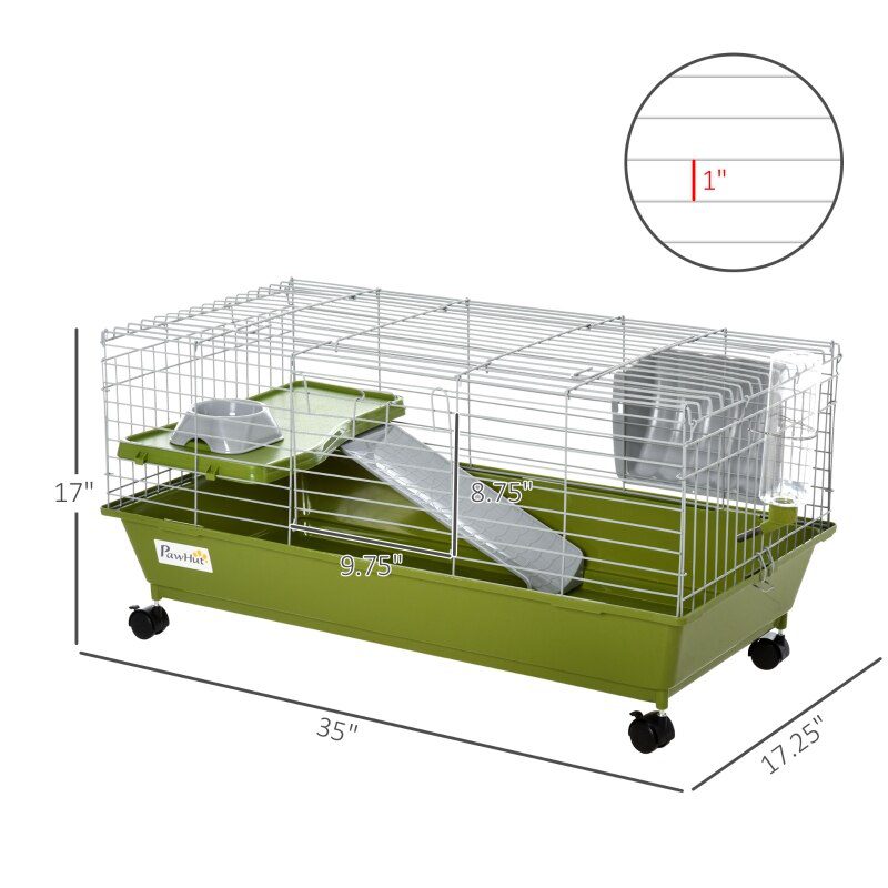 35" Small Animal Cage Chinchilla Guinea Pig Hutch Pet House with Platform Ramp, Food Dish, Wheels, & Water Bottle