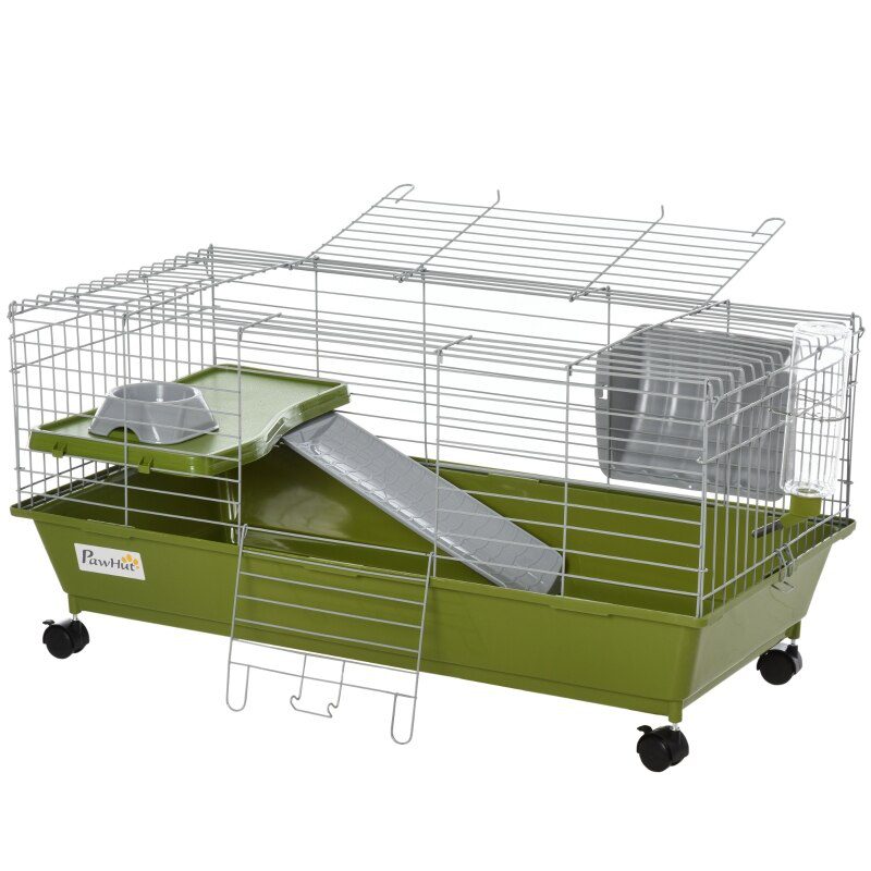 35" Small Animal Cage Chinchilla Guinea Pig Hutch Pet House with Platform Ramp, Food Dish, Wheels, & Water Bottle