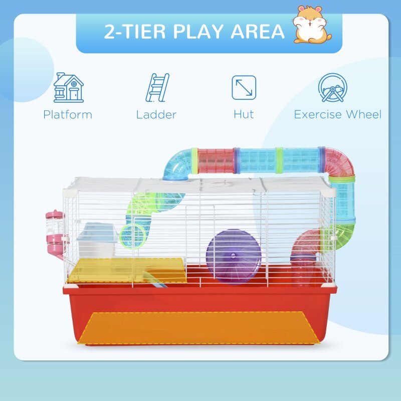 Large Hamster Cage and Habitat, 2-Level Steel Rat Cage, Small Animal House, with Tube Tunnels, Exercise Wheel,