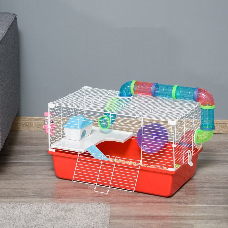 Large Hamster Cage and Habitat, 2-Level Steel Rat Cage, Small Animal House, with Tube Tunnels, Exercise Wheel,