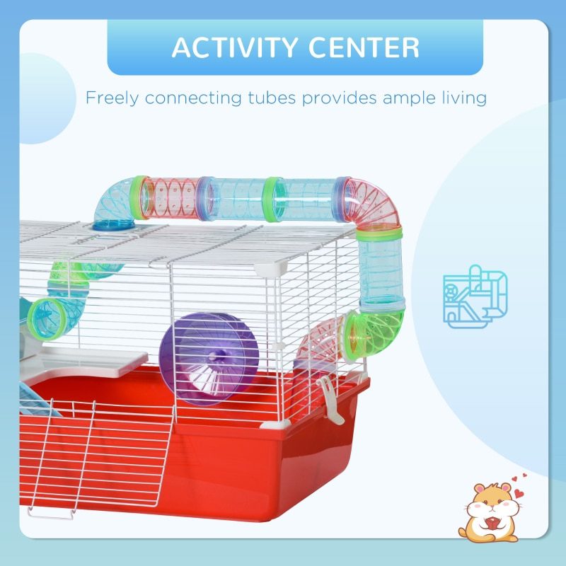 Large Hamster Cage and Habitat, 2-Level Steel Rat Cage, Small Animal House, with Tube Tunnels, Exercise Wheel,