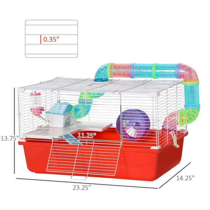 Large Hamster Cage and Habitat, 2-Level Steel Rat Cage, Small Animal House, with Tube Tunnels, Exercise Wheel,