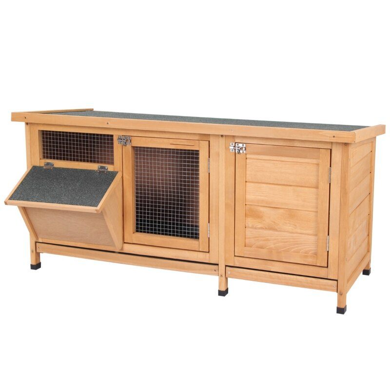 Wooden Rabbit Hutch Bunny Cage Guinea Pig House Outdoor with Sliding Out Tray, Openable Roof, Feeding Trough, Yellow