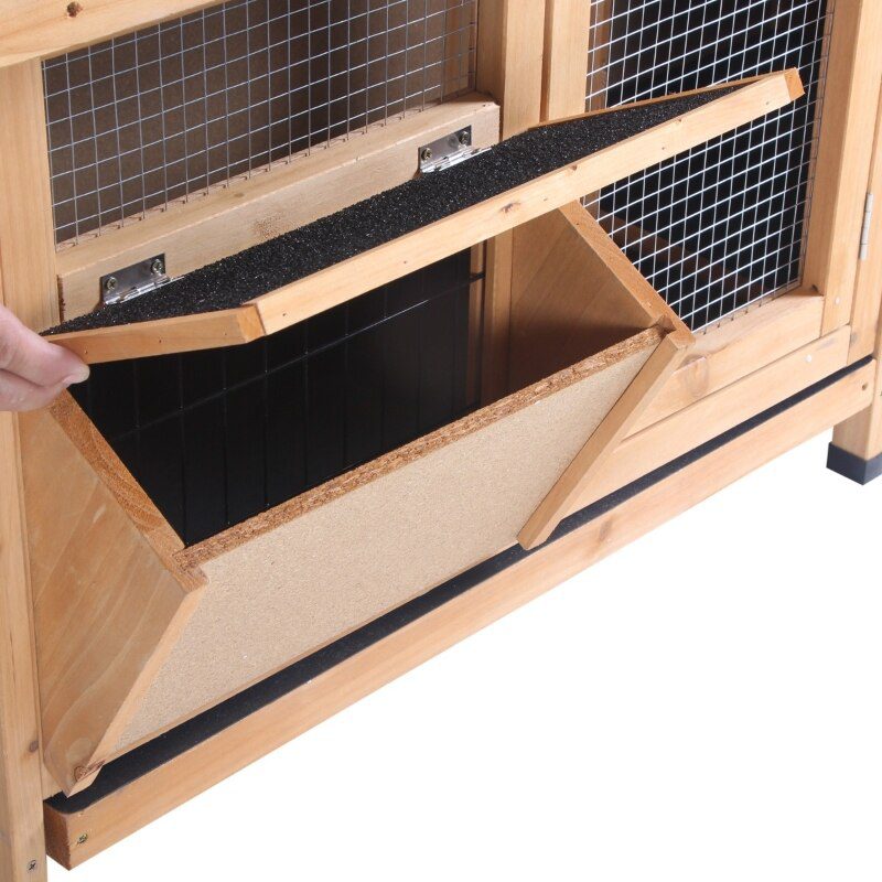 Wooden Rabbit Hutch Bunny Cage Guinea Pig House Outdoor with Sliding Out Tray, Openable Roof, Feeding Trough, Yellow