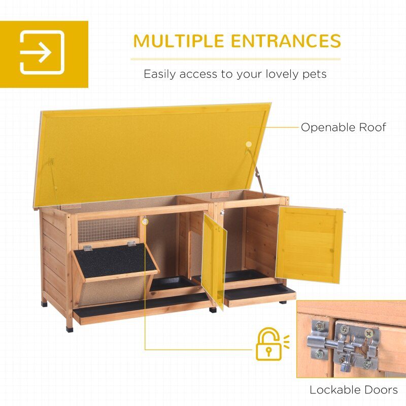 Wooden Rabbit Hutch Bunny Cage Guinea Pig House Outdoor with Sliding Out Tray, Openable Roof, Feeding Trough, Yellow