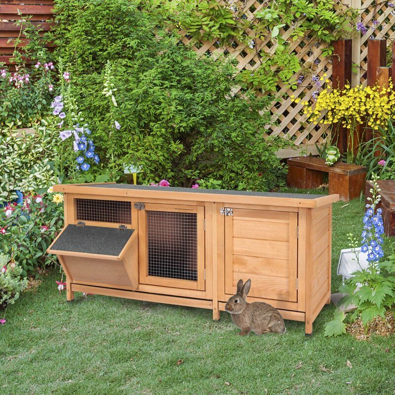 Wooden Rabbit Hutch Bunny Cage Guinea Pig House Outdoor with Sliding Out Tray, Openable Roof, Feeding Trough, Yellow