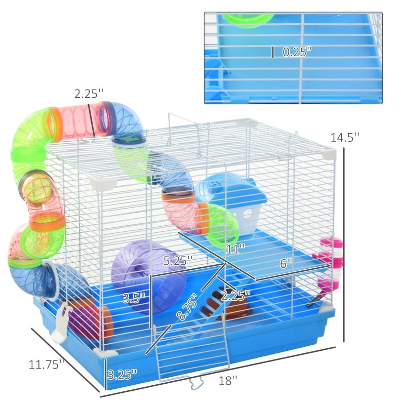 2 Tiers Hamster Cage Portable Animal Travel Carrier w/ Exercise Wheels Play Tube 18" L x 11.75" W x 14.5" H