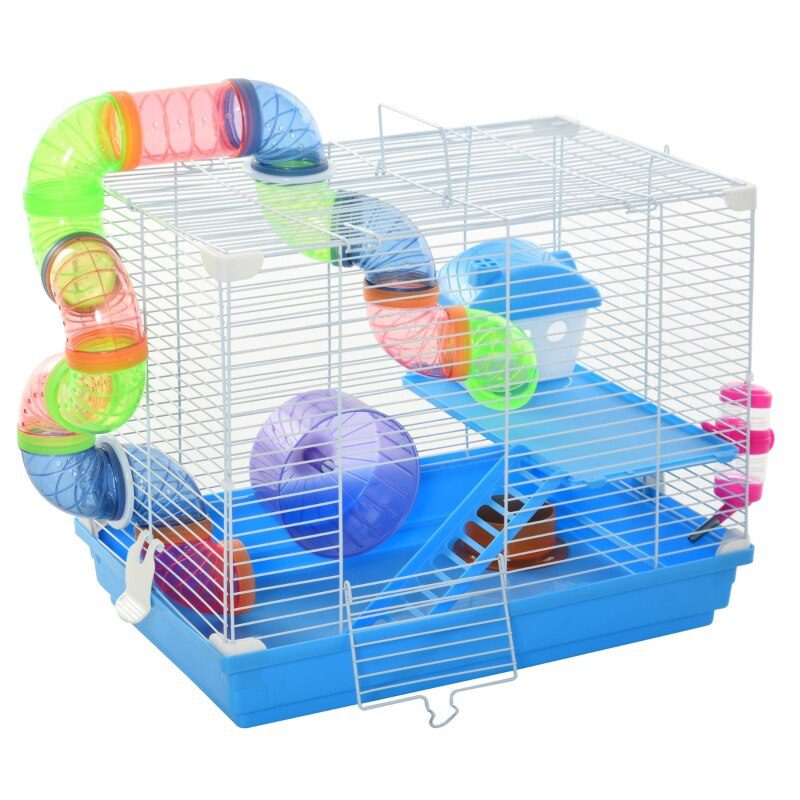 2 Tiers Hamster Cage Portable Animal Travel Carrier w/ Exercise Wheels Play Tube 18" L x 11.75" W x 14.5" H