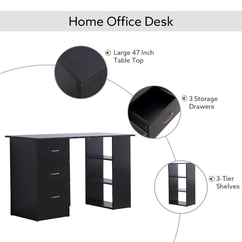 47" Computer Writing Desk Study Table Student Workstation w/ 3 Shelf & 3 Storage Drawers Home Office Furniture White