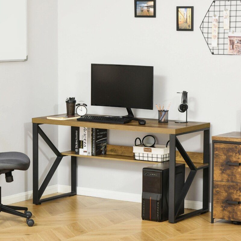 55"/47" Home Office Computer Desk, Corner Workstation, Laptop Desk with K-Shaped Steel Legs and Storage Shelves