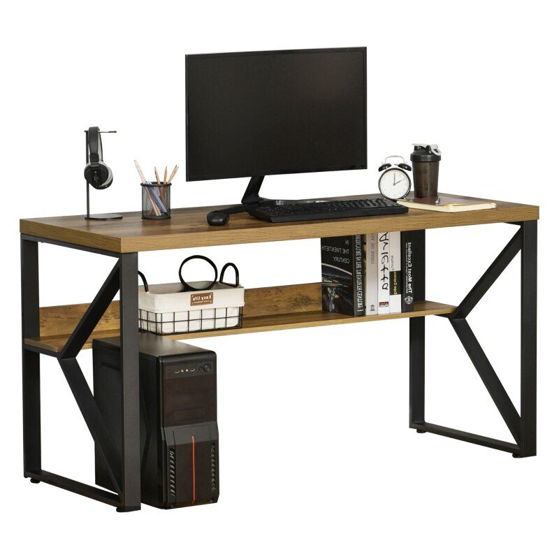 55"/47" Home Office Computer Desk, Corner Workstation, Laptop Desk with K-Shaped Steel Legs and Storage Shelves