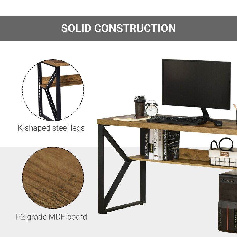 55"/47" Home Office Computer Desk, Corner Workstation, Laptop Desk with K-Shaped Steel Legs and Storage Shelves