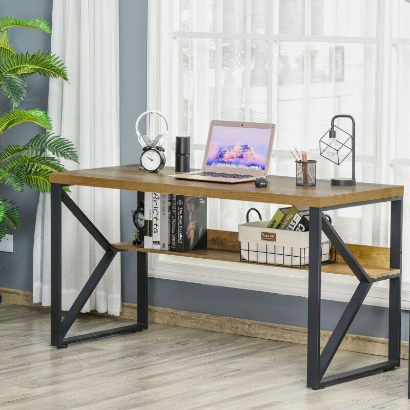 55"/47" Home Office Computer Desk, Corner Workstation, Laptop Desk with K-Shaped Steel Legs and Storage Shelves