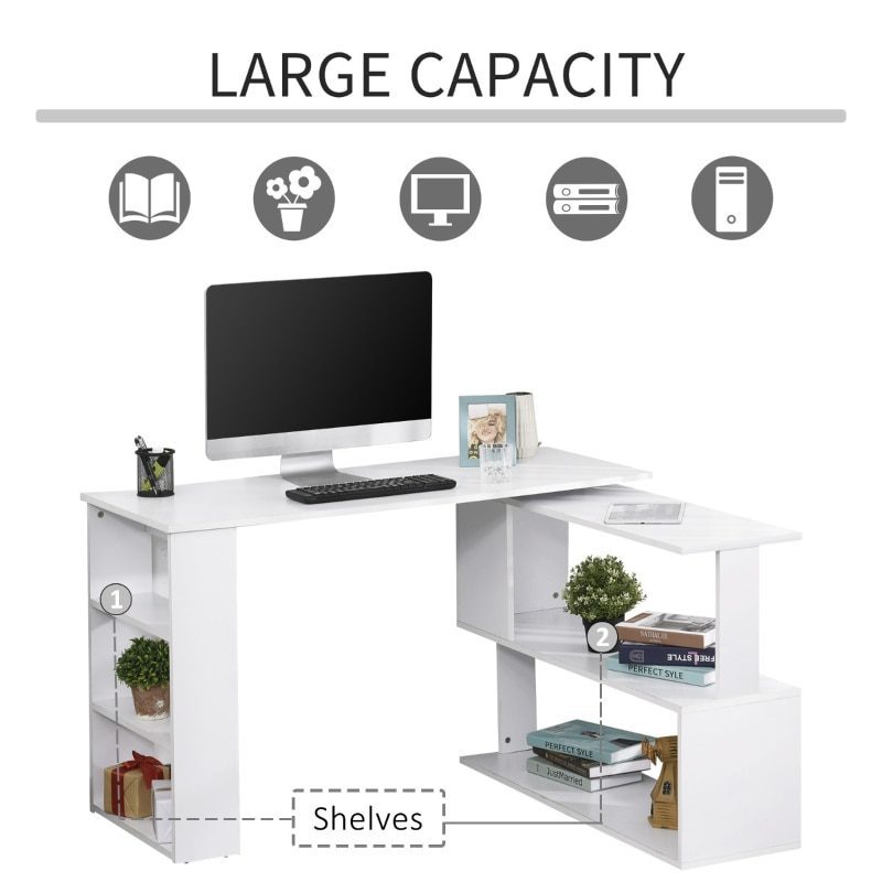 360° Rotating Home Office Desk L Shaped Corner Computer Desk with Storage Shelves, Writing Table Workstation, White/Black