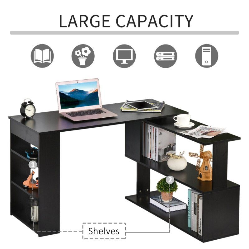 360° Rotating Home Office Desk L Shaped Corner Computer Desk with Storage Shelves, Writing Table Workstation, White/Black