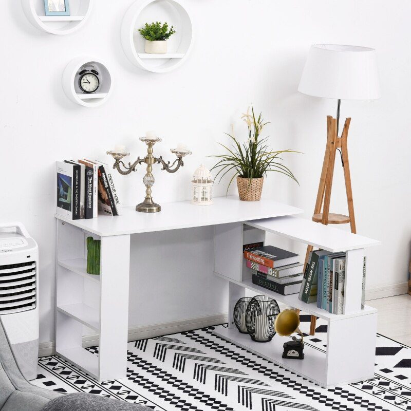 360° Rotating Home Office Desk L Shaped Corner Computer Desk with Storage Shelves, Writing Table Workstation, White/Black