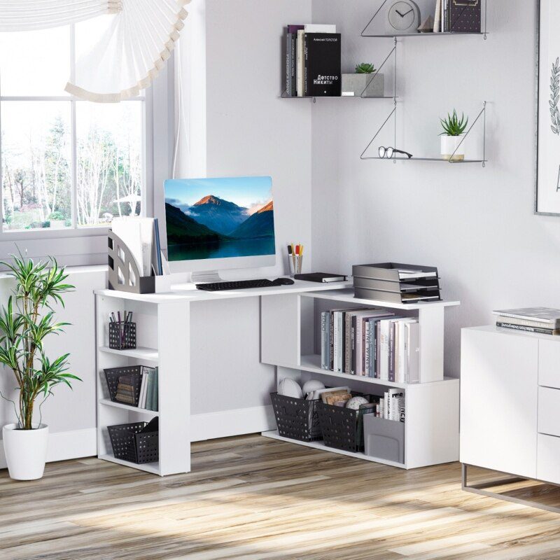 360° Rotating Home Office Desk L Shaped Corner Computer Desk with Storage Shelves, Writing Table Workstation, White/Black