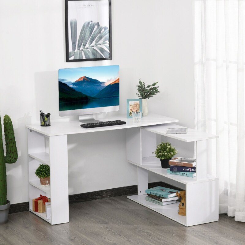 360° Rotating Home Office Desk L Shaped Corner Computer Desk with Storage Shelves, Writing Table Workstation, White/Black